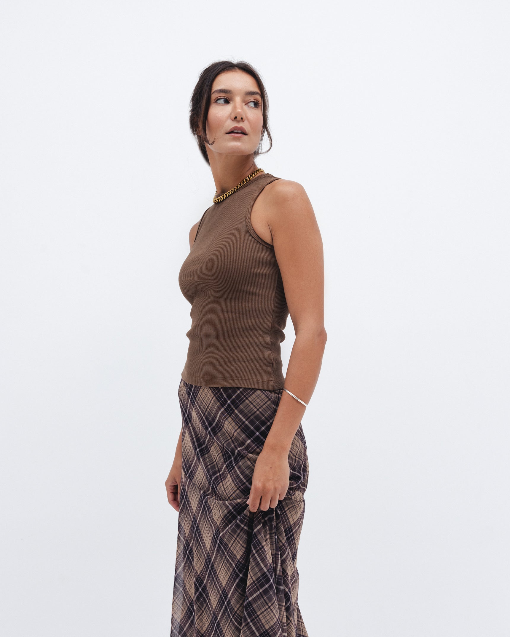 Brown Ribbed Crewneck Top - Chocka
