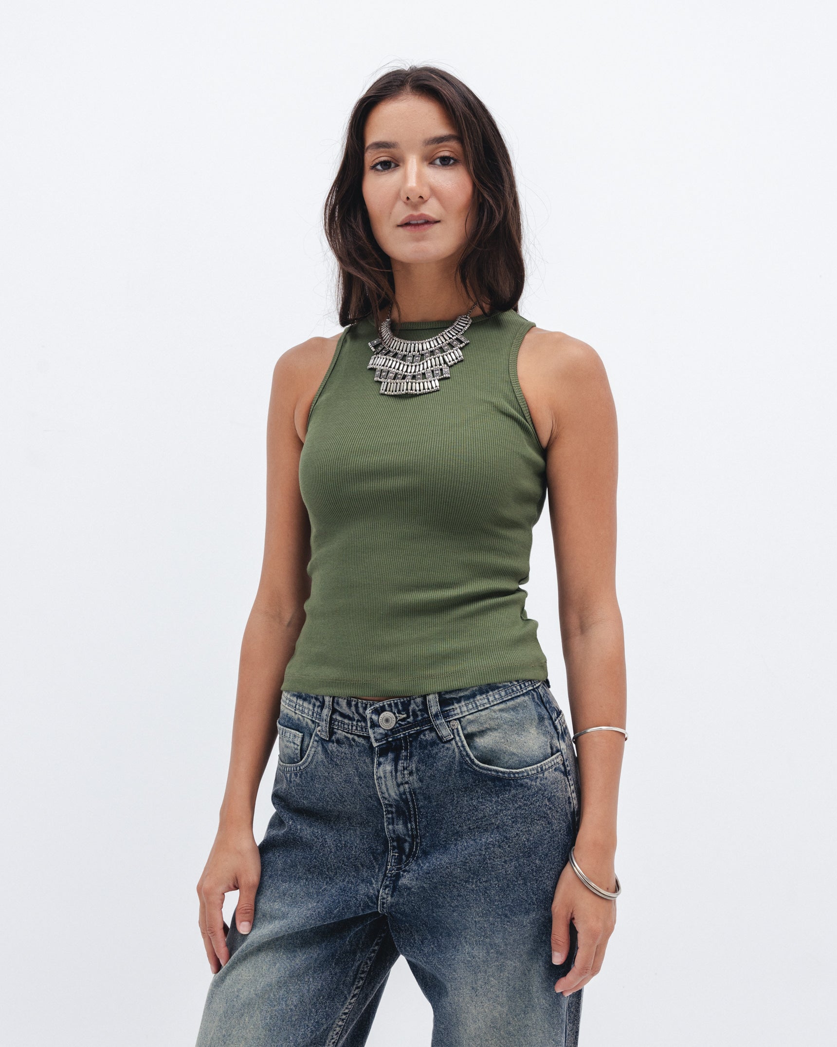 Stylish Olive Ribbed Crewneck Basic Top | Chocka