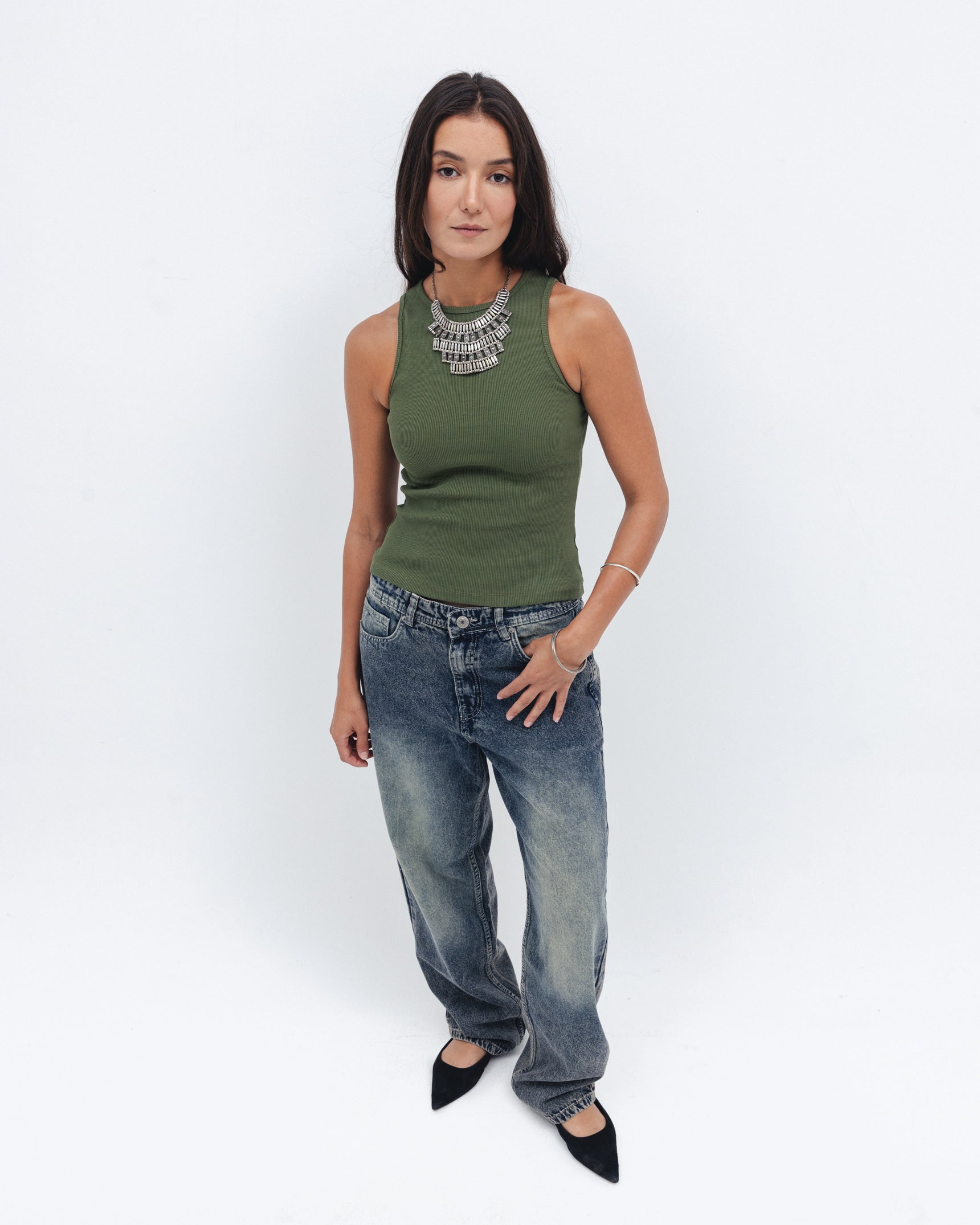 Olive Ribbed Crewneck Top Chocka