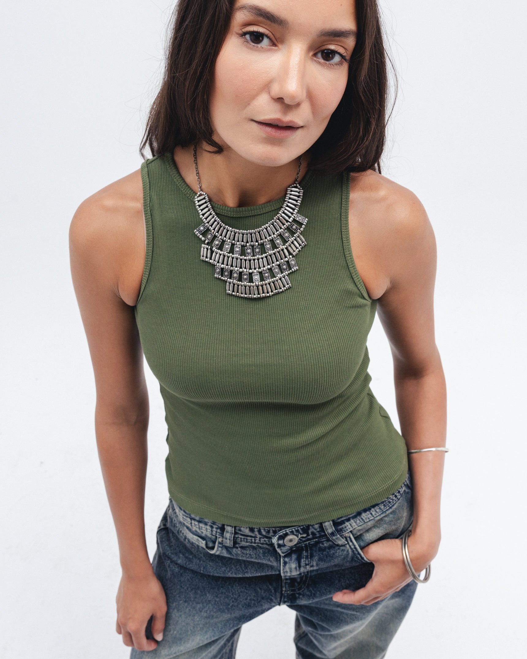 Olive Ribbed Crewneck Top Chocka