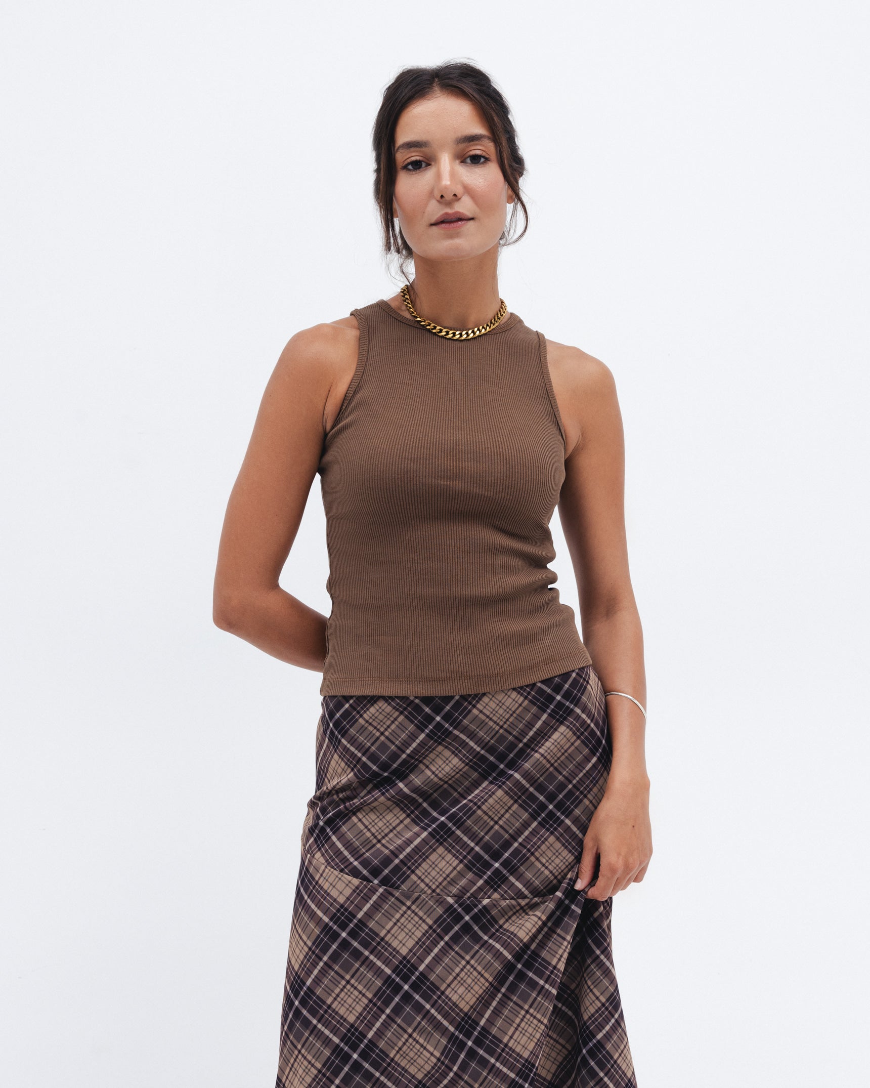 Brown Ribbed Crewneck Top - Chocka