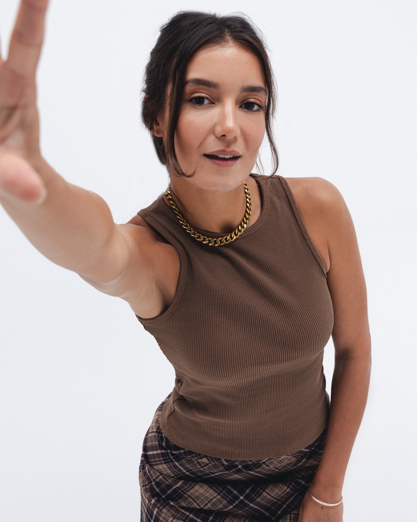 Brown Ribbed Crewneck Top - Chocka